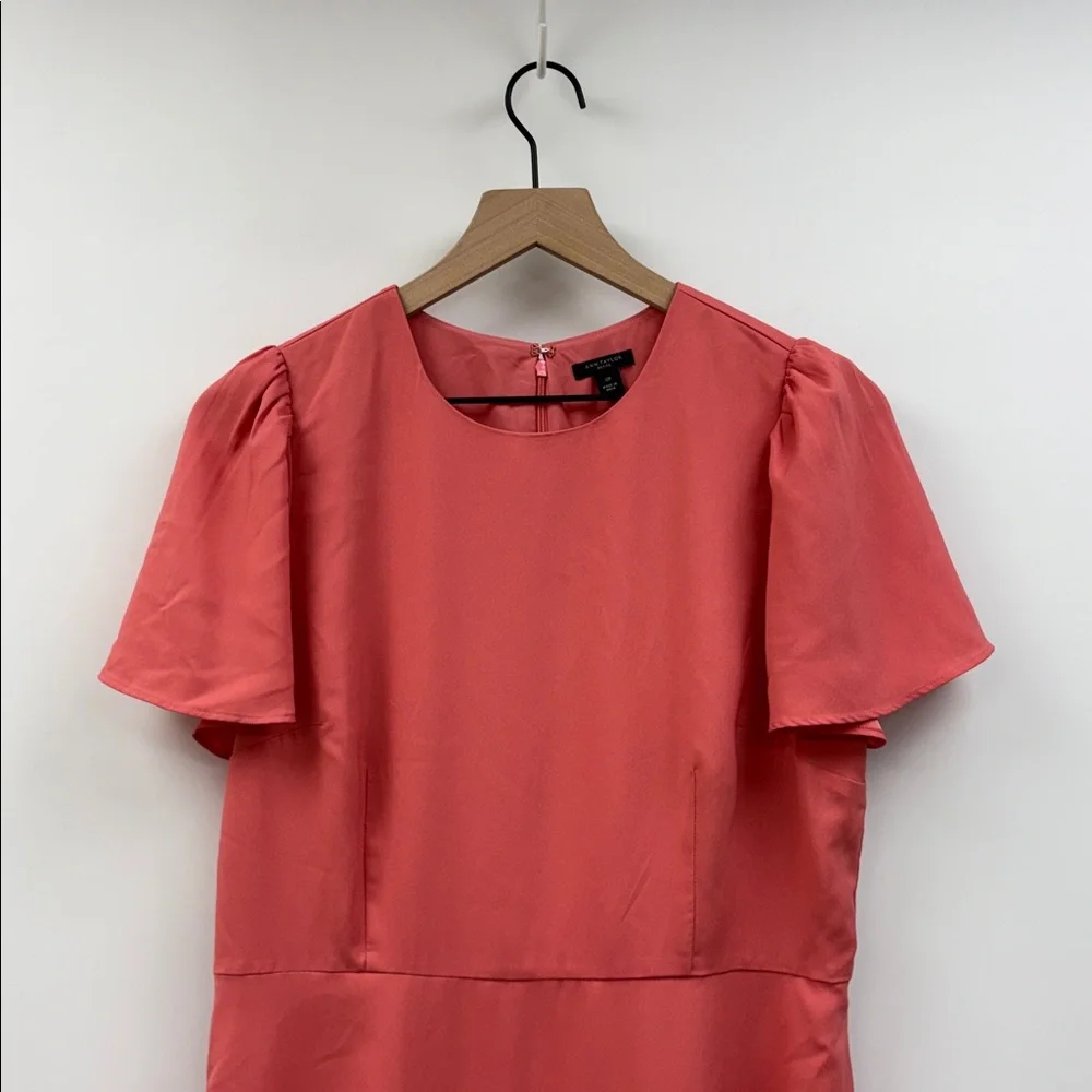 Ann Taylor Crepe Flutter Sleeve A-Line Flowy Flare Midi Dress Coral Pink 12P